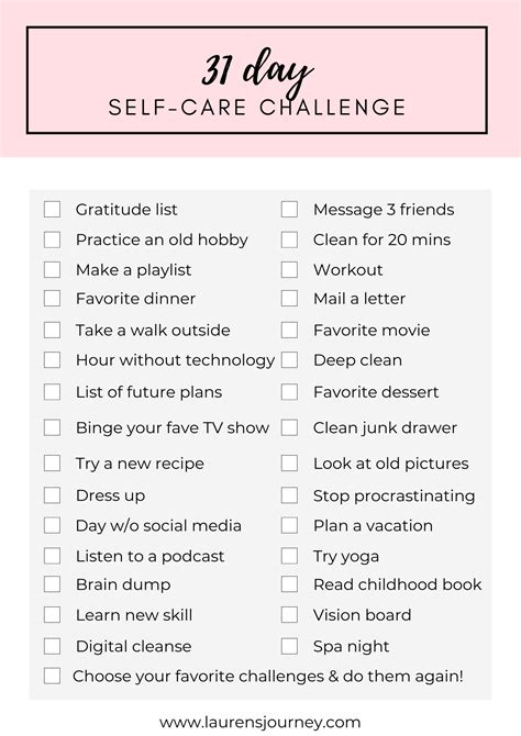 31 Day Self Care Challenge Free Printable Checklist May 2020 Lauren S Journey Self Care