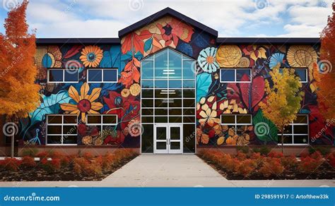 Vibrant Flora and Fauna Mural Adorning Modern Brick Building Stock