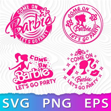 Some Pink Stickers With The Words Barbie Let S Go Party