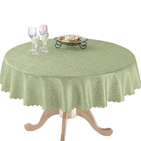 Solid Scroll Scalloped Edge Tablecloth Sage Green 70 Round Features