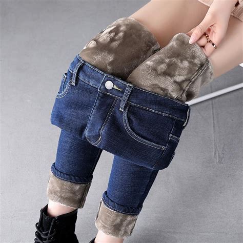Купить Осень зима теплые флисовые джинсы женские тонкие зимние брюки с высокой талией