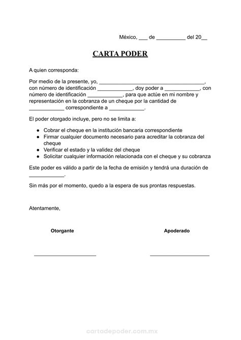 Carta Poder Para Cobrar Un Cheque Ejemplos Word Pdf