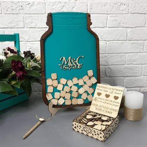 Perfectly personalized wedding guest books from basic invite. Wedding guestbook Mason Jar guest book mint wedding wooden ...