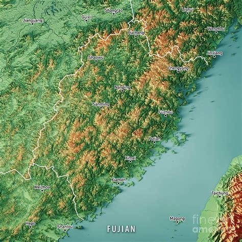 Fujian China 3d Render Topographic Map Color Border Cities Digital Art