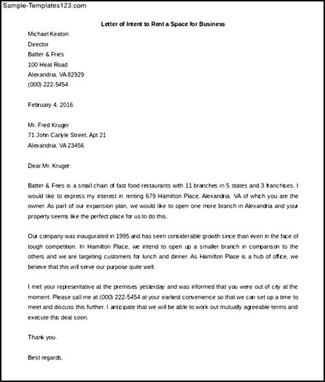 Letter of intent for lease template free. Sample Business Letter of Intent to Rent or Lease a Space ...