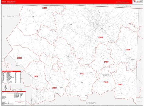 Surry County, NC Zip Code Wall Map Red Line Style by MarketMAPS