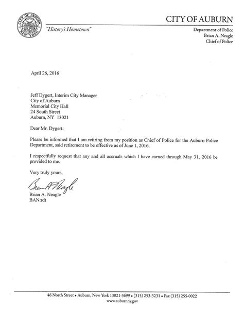 Auburn Police Chief Brian Neagles Retirement Letter April 26 2016