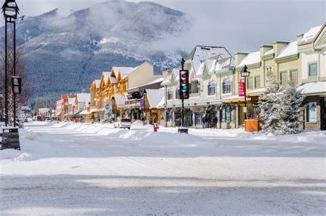 Downtown Banff Covered In Snow Editorial Image Image Of Restaurants