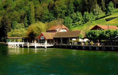 Wallpaper Trees Lake Shore Switzerland Pier Slope Houses Lucerne Lake Lucerne