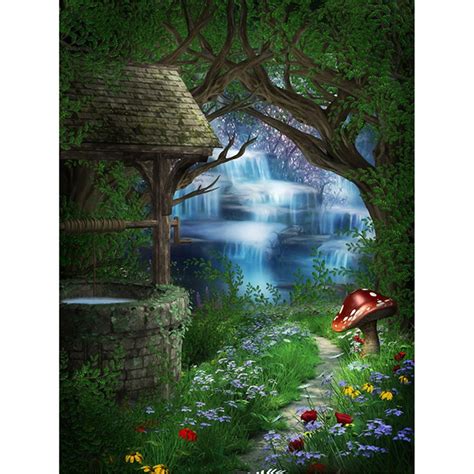 Enchanted Forest Photo Backdrop Old Brick Well Mushroom