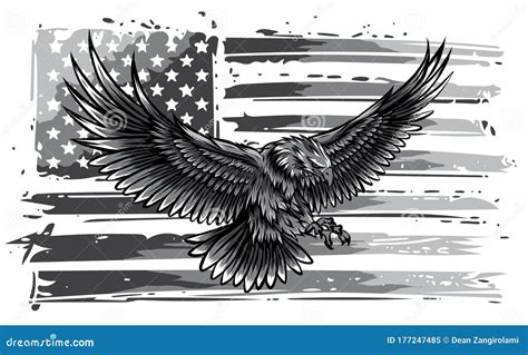 Monochromatic Vector Illustation American Eagle Against USA Flag And White Background Stock