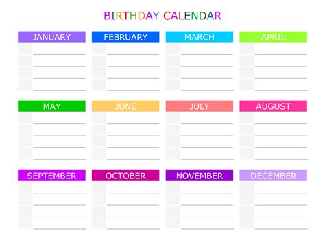 Downloadable Type Fillable Birthday Calendar Templates