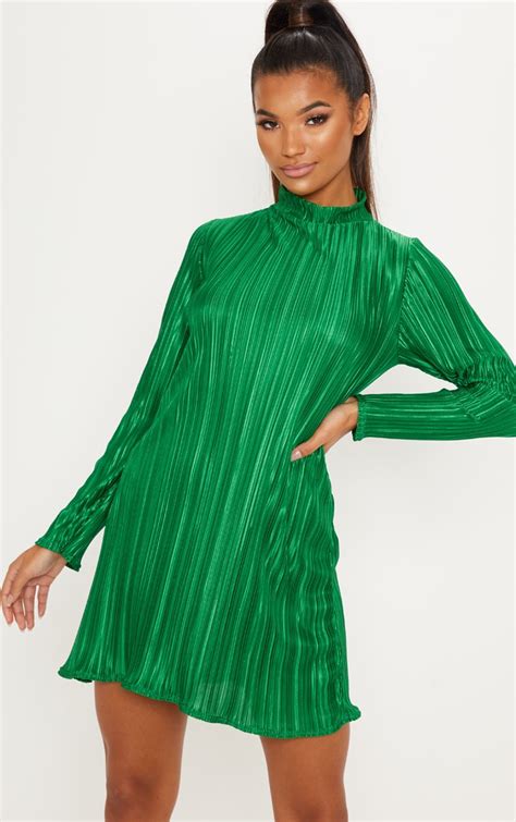 Emerald Green High Neck Plisse Dress Prettylittlething Ksa