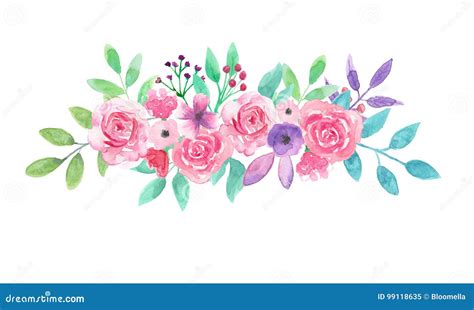 Watercolor Flower Arrangement Pink Floral Hand Painted Bouquet Stock