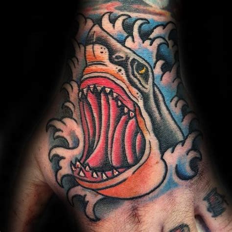 The use of color here is important to give the masks adequate fill. 70 Traditional Shark Tattoo Designs For Men - Old School Ideas