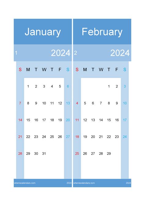 2024 January February Calendar Two Month