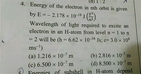 In2 D 12 4 Energy Of The Electron In Nth Orbit Is Given By E 2