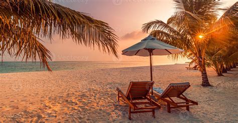 Beautiful Tropical Sunset Scenery Two Sun Beds Loungers Umbrella