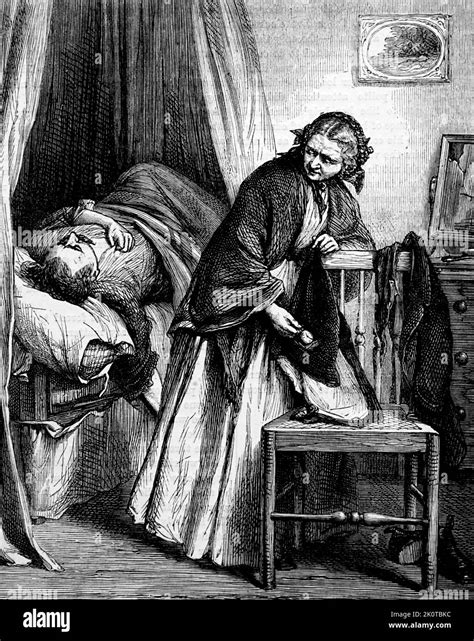 Illustration Depicting A Landlady Making Sure Her Sick Lodger Has Money Or Property To Pay His