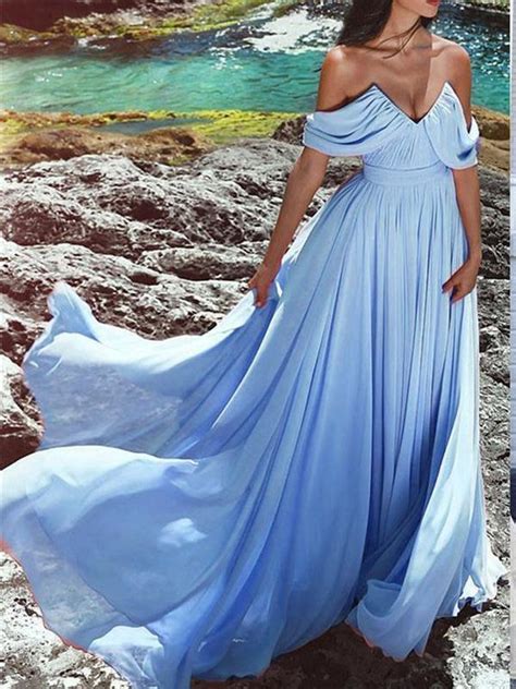 Cheap Blue Off Shoulders Flowy Chiffon Beach Wedding Dressvestido De Dolly Gown