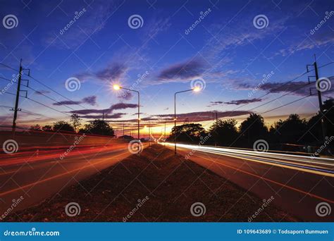 Landscape Traffic In Highway At Evening Twilight Time Stock Image
