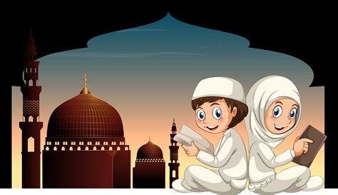 Two Muslim Kids Reading Book With Mosque Background 352966 Vector Art