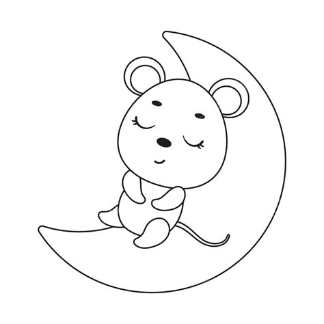 Sleeping Mouse On Moon Coloring Page For Preschoolers Vector Friendly