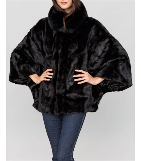 pieced black mink fur cape with fox fur collar