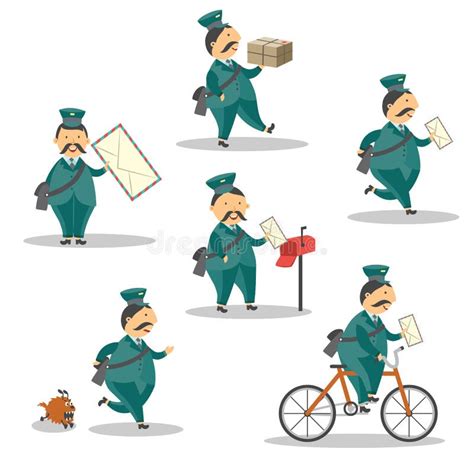Vector Cartoon Postman Mailman Character Set Stock Vector