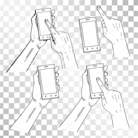 Drawn Hand Holding Phone Finger On Phone Pressing On Screen Stock