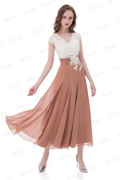 Flowy Can Sleeves Lace Chiffon Tea Length V Neck Prom Dresses Z0667