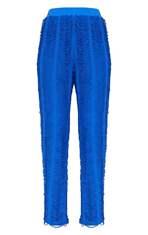 Tall Blue Shredded Woven Trouser Prettylittlething Ksa