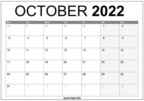 October 2022 Uk Calendar Printable Free