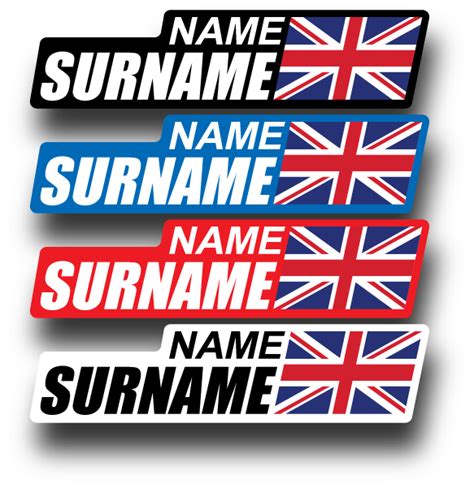 Three Stickers With The British Flag And Name On Them All In Different