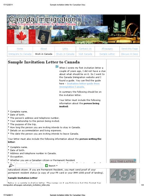 A promise of financial support for the duration of your visit; Sample Invitation Letter for Canadian Visa | Permanent ...