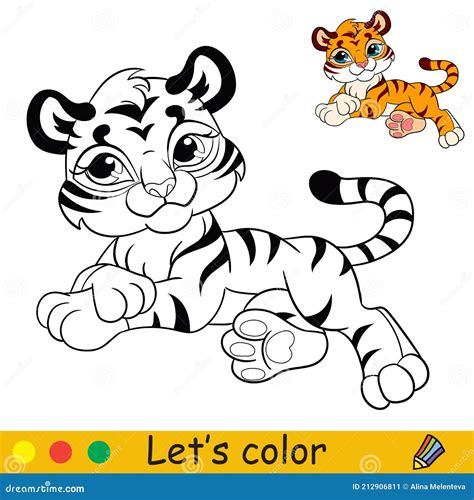 Cute Lying Tiger Coloring With Colorful Template Vector Stock Vector