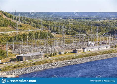 Top View Of The Open Switchgear Of The Zeya Hydroelectric Station In The Amur Region Stock