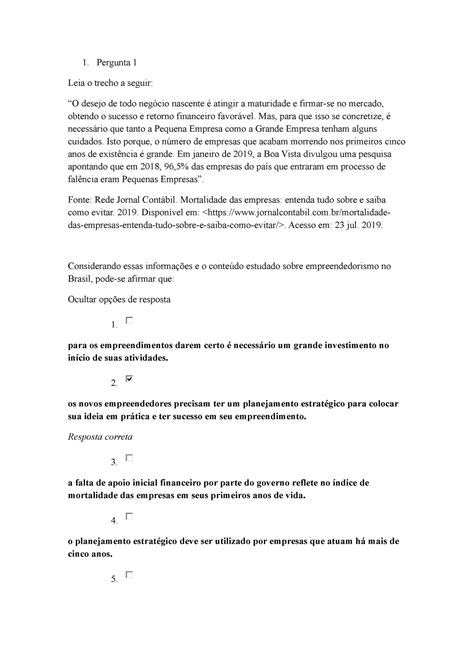 Questionário 2 de Empreendedorismo Pergunta 1 Leia o trecho a seguir