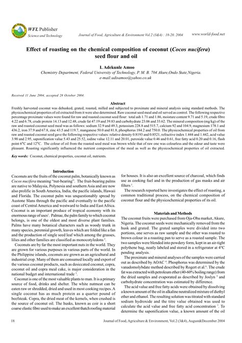 Coconut water (coconut liquid endosperm), with its many applications, is one of the world's most versatile natural product. (PDF) Effect of roasting on the chemical composition of ...