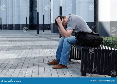 Sad Man Sitting In Front Of Office Building Stock Image Image Of