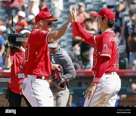 Shohei Ohtani R And Los Angeles Angels Teammate Mike Trout Exchange