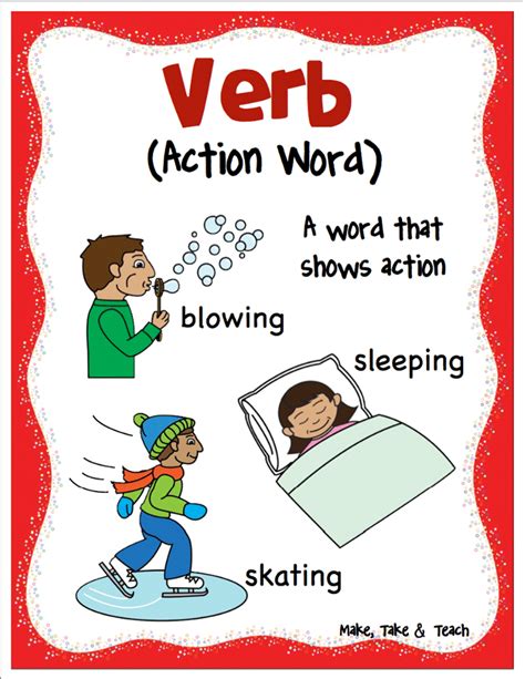 Subject + verb + noun + adjective example sentence: Nouns, Verbs and Adjectives! - Make Take & Teach