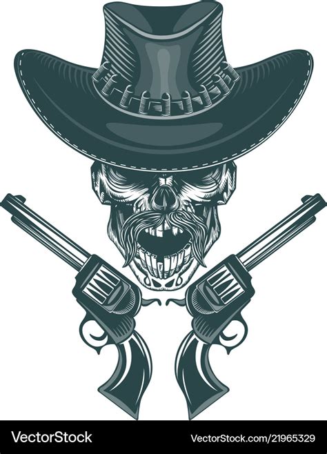 Skull Of A Mustached Cowboy With Pistols Vector Image