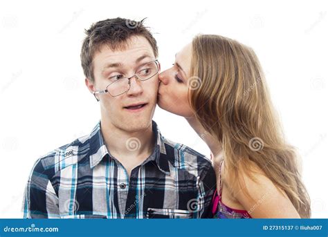 Girl Kisses A Boy On The Cheek Stock Image Image Of Beautiful