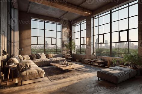 Modern Industrial Interior Of The Living Room With Panoramic Windows