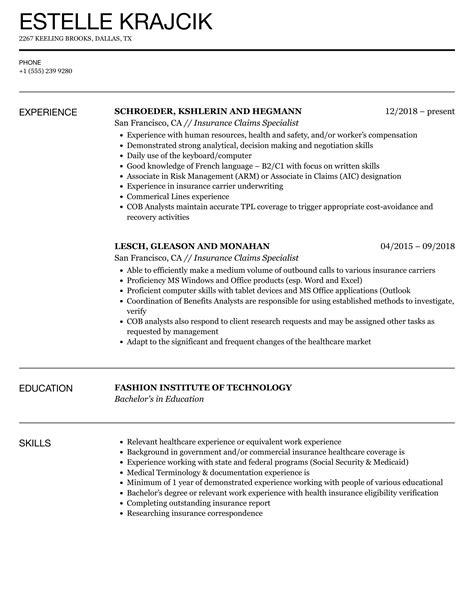 Insurance Claims Specialist Resume Samples | Velvet Jobs