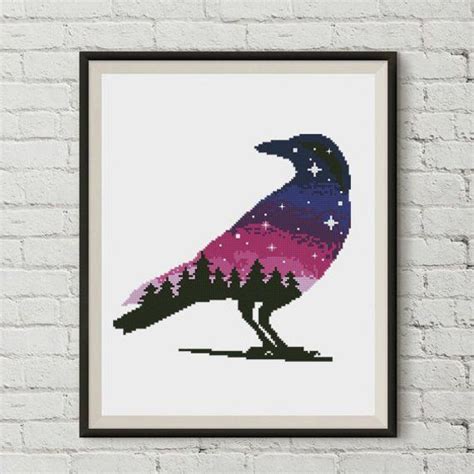 The free original cross stitch patterns listed here are small simple patterns, that can be completed with leftover floss. Starry Raven cross stitch mountains sky camping nature ...