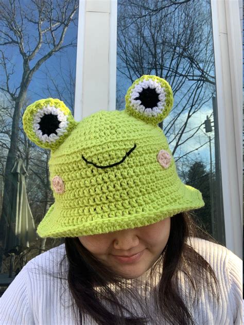 Cute Frog Bucket Hat Crochet Handmade Cottagecore Aesthetic Casual Wear