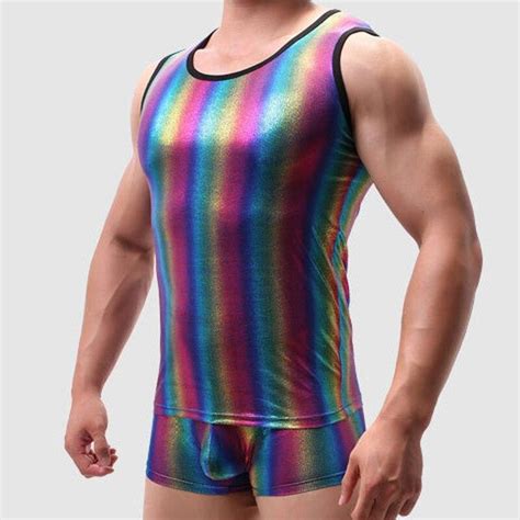 Mens Sexy Underwear Metallic Rainbow Tanktop Boxers Oh My