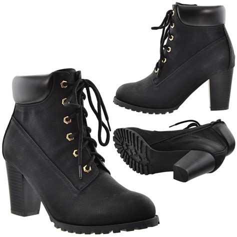 Womens Ankle Boots Lace Up Booties Chunky Stacked High Heel Rugged Padded Shoes Ebay